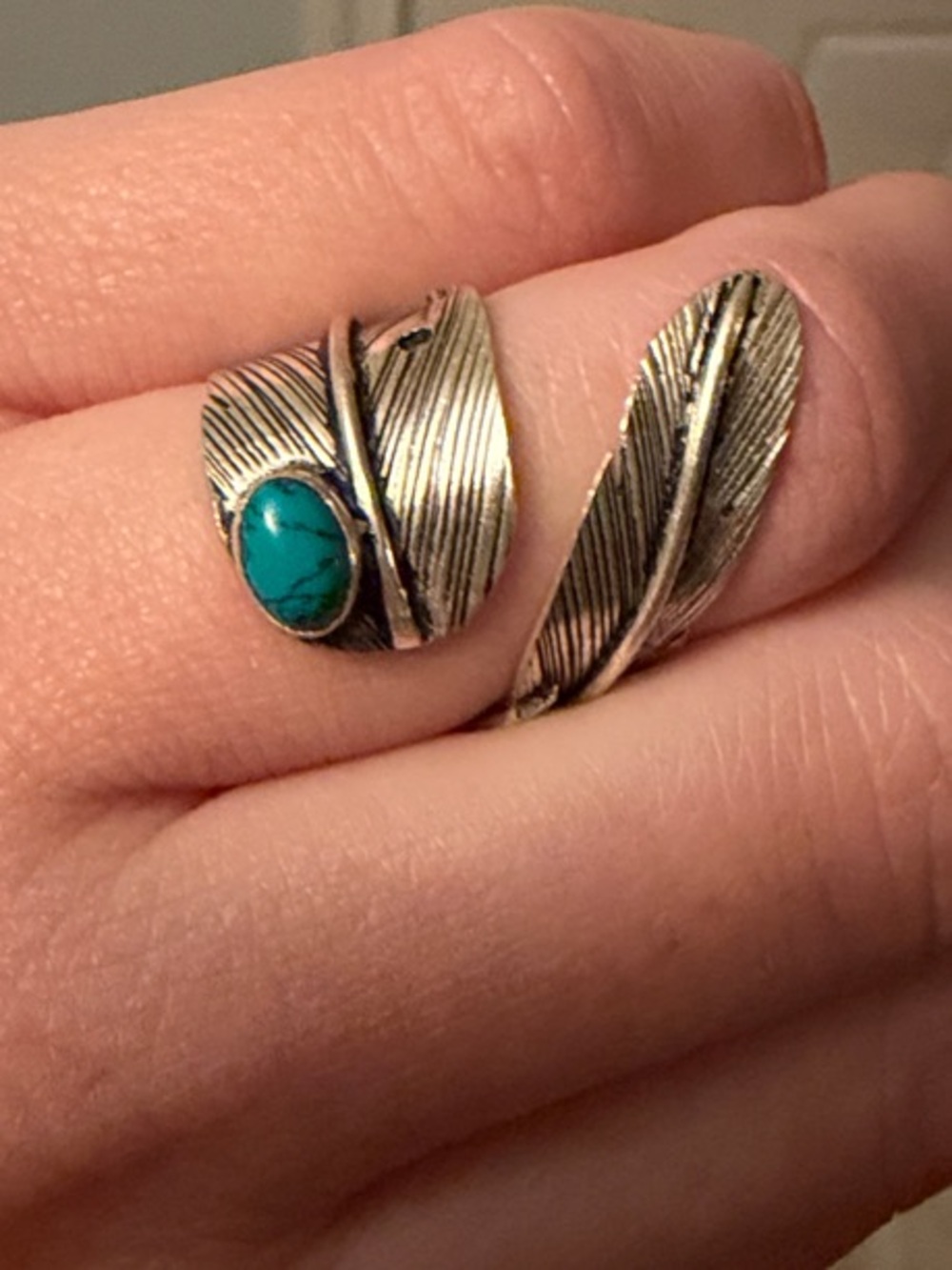 Turquoise Feather Wrap Ring - Silver Tone